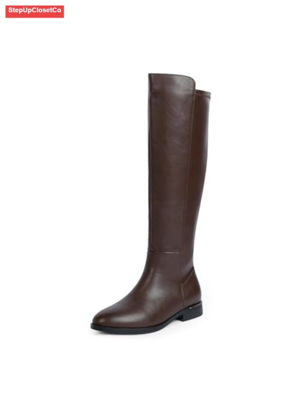 Round Toe Flat Knee High Boots Stretchy Side Zipper PU Leather